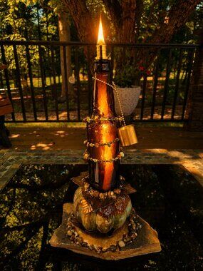 Upcycled Tiki Torch Carnelian Stone Accents Flagstone Base